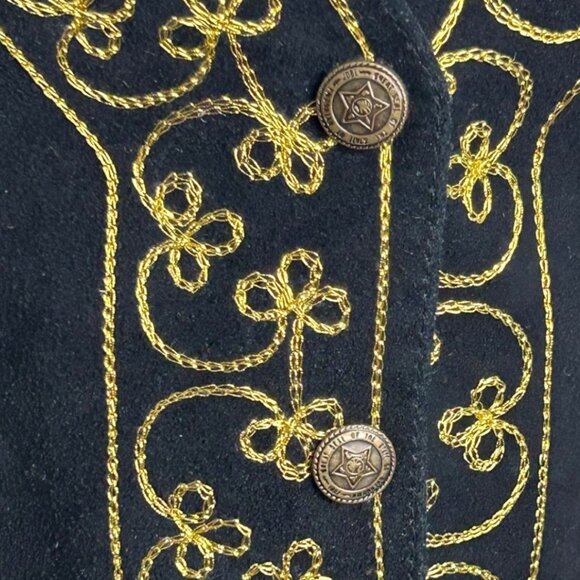 NWOT Vintage Agapo Black Suede Leather Vest W/ Gold Embroidery Size Large - Picture 4 of 6